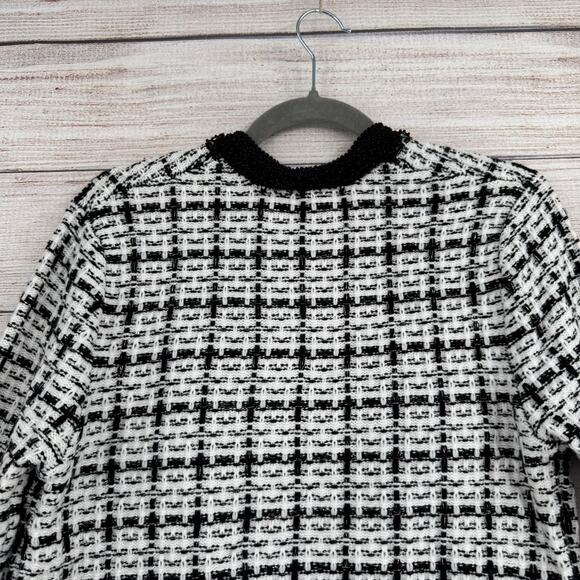 Zara Boucle Beaded Plaid Open Front Jacket Womens Small Black White Fringed NEW - Picture 4 of 11